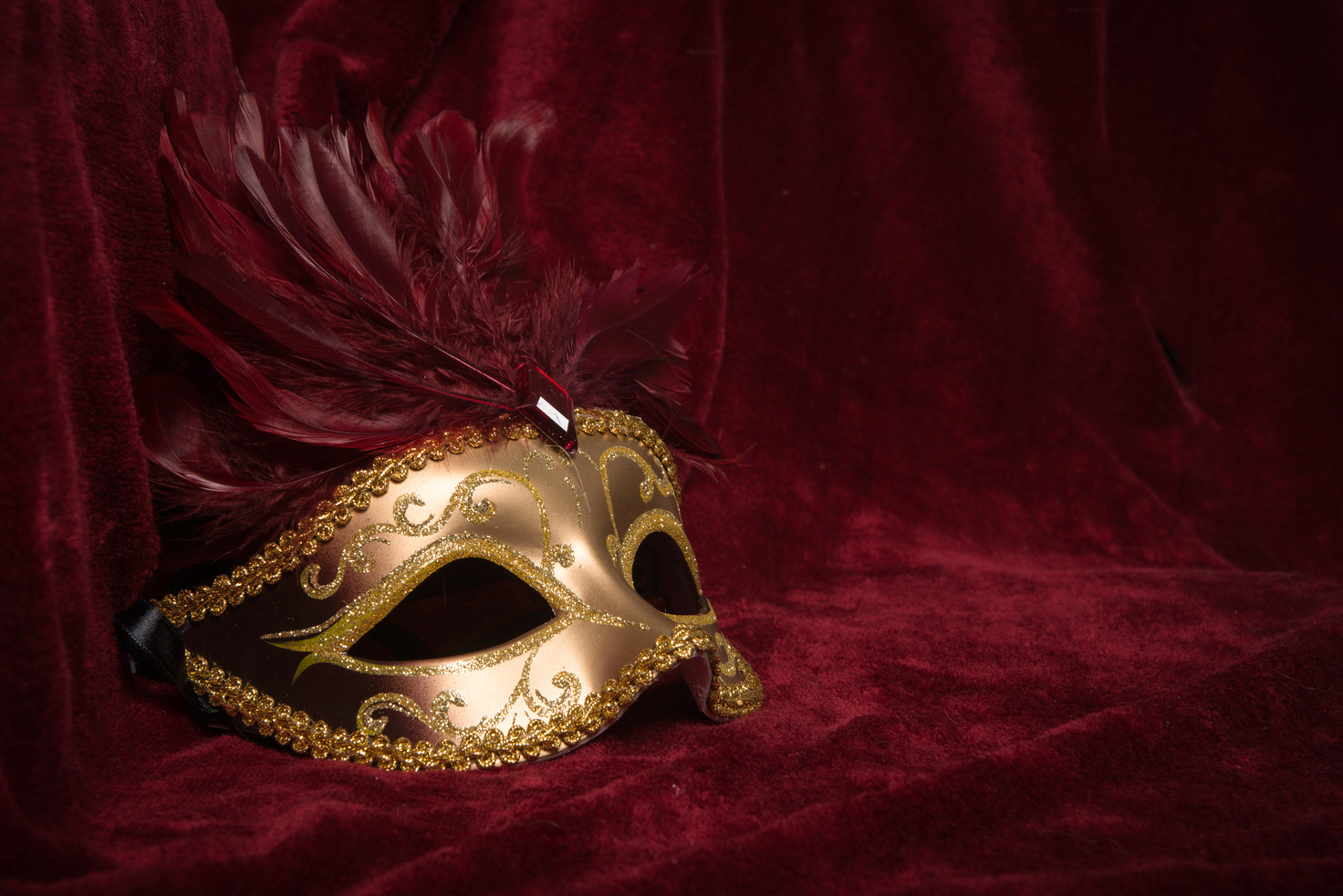 Golden Carnival Mask with Red Feathers on a Red Velvet Theater C