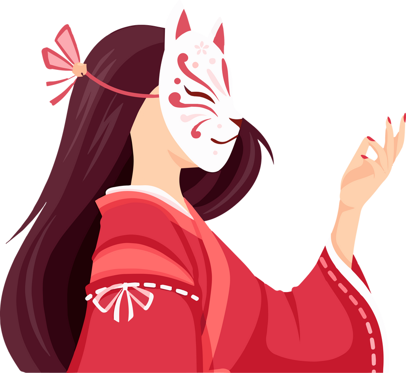 Geisha Wearing Kitsune Fox Mask